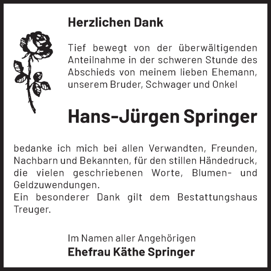 Traueranzeige von Hans-Jürgen Springer von WochenKurier
