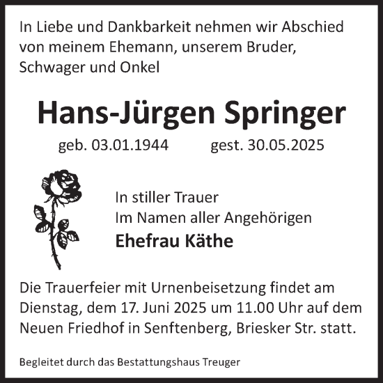 Traueranzeige von Hans-Jürgen Springer von WochenKurier