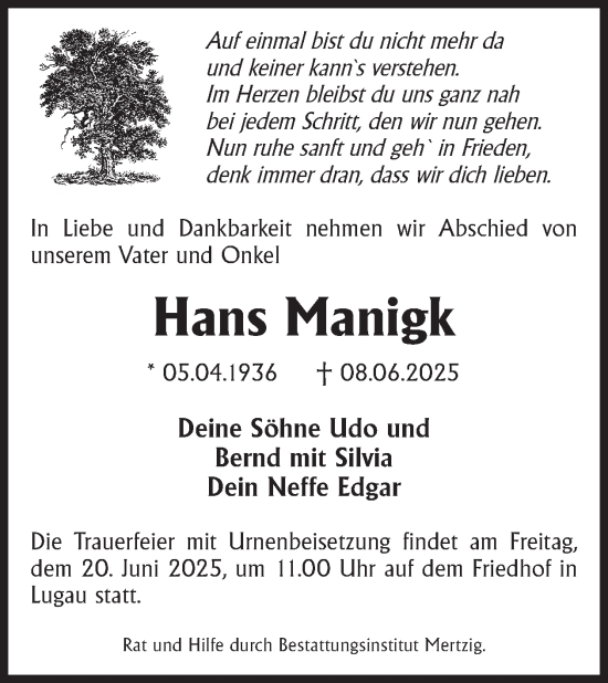 Traueranzeige von Hans Manigk von WochenKurier
