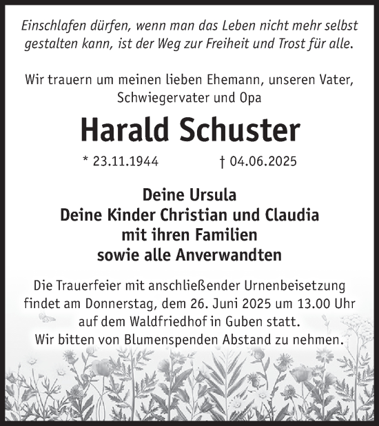 Traueranzeige von Harald Schuster von WochenKurier