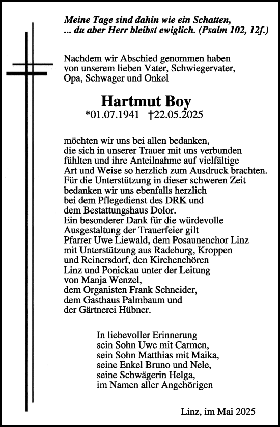 Traueranzeige von Hartmut Boy von WochenKurier