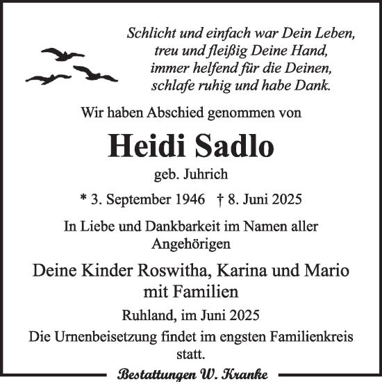 Traueranzeige von Heidi Sadlo von WochenKurier