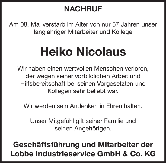 Traueranzeige von Heiko Nicolaus von WochenKurier