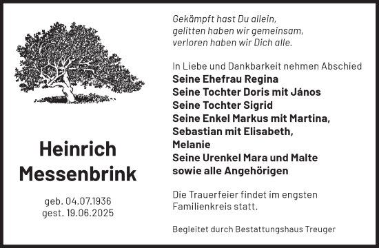 Traueranzeige von Heinrich Messenbrink von WochenKurier
