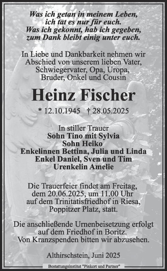 Traueranzeige von Heinz Fischer von WochenKurier