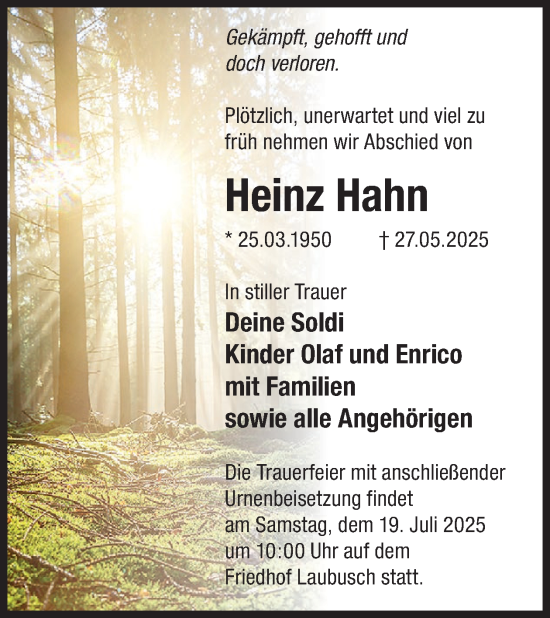 Traueranzeige von Heinz Hahn von WochenKurier