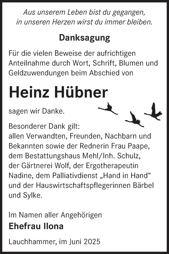 Traueranzeige von Heinz Hübner von WochenKurier