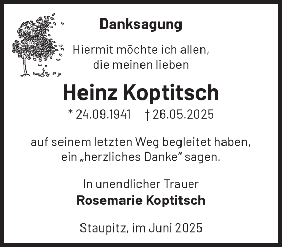 Traueranzeige von Heinz Koptitsch von WochenKurier
