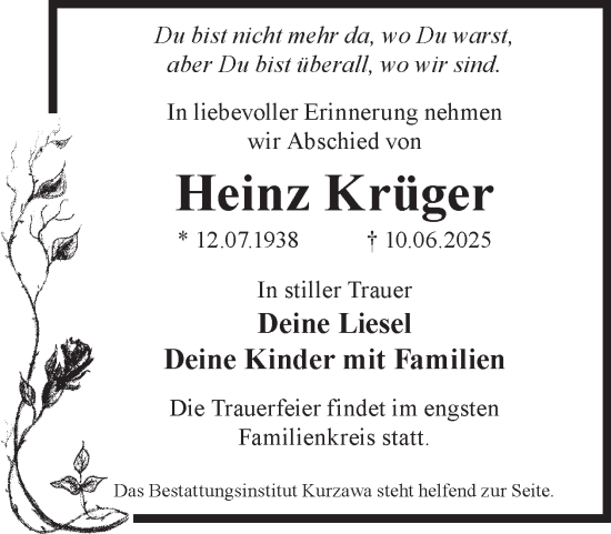 Traueranzeige von Heinz Krüger von WochenKurier