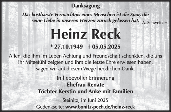 Traueranzeige von Heinz Reck von WochenKurier