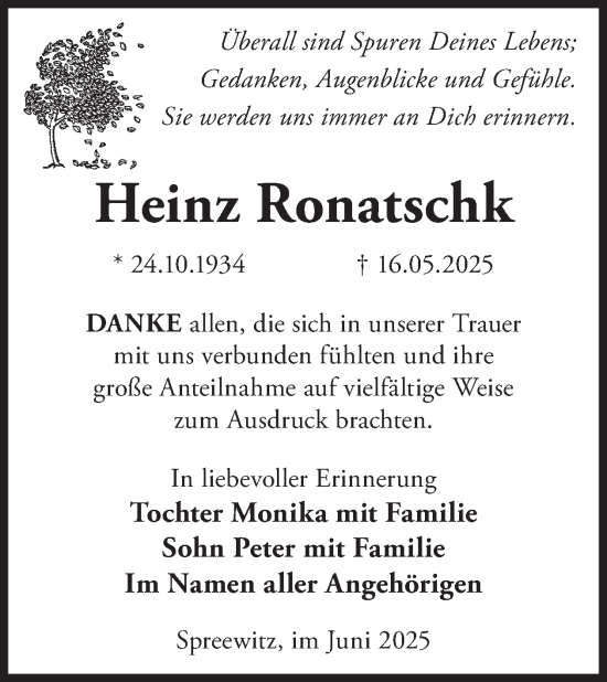Traueranzeige von Heinz Ronatschk von WochenKurier