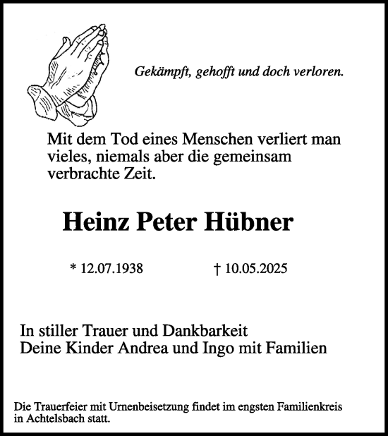 Traueranzeige von Heinz Peter Hübner von WochenKurier