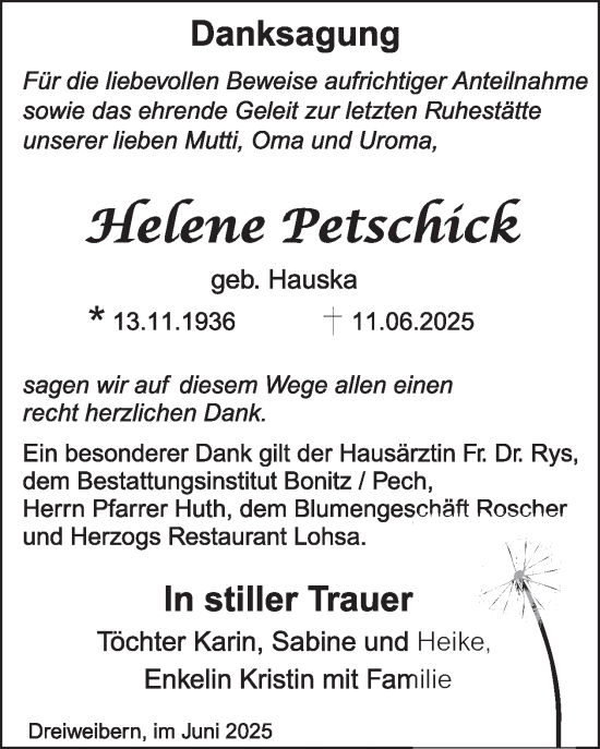 Traueranzeige von Helene Petschick von WochenKurier