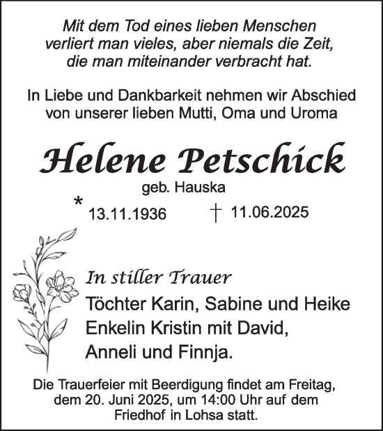 Traueranzeige von Helene Petschick von WochenKurier