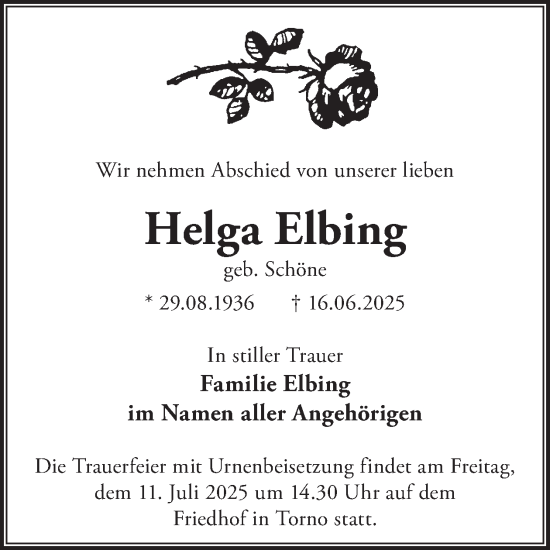 Traueranzeige von Helga Elbing von WochenKurier