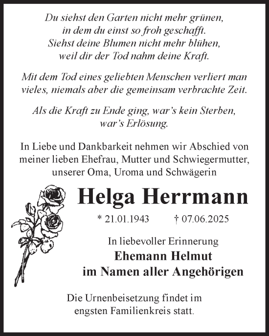 Traueranzeige von Helga Herrmann von WochenKurier