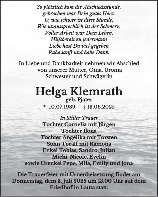 Traueranzeige von Helga Klemrath von WochenKurier