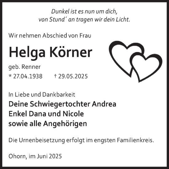 Traueranzeige von Helga Körner von WochenKurier