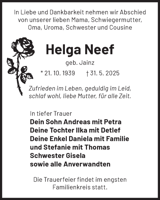 Traueranzeige von Helga Neef von WochenKurier