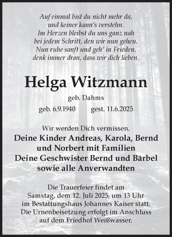 Traueranzeige von Helga Witzmann von WochenKurier
