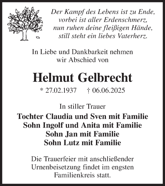 Traueranzeige von Helmut Gelbrecht von WochenKurier