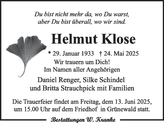 Traueranzeige von Helmut Klose von WochenKurier