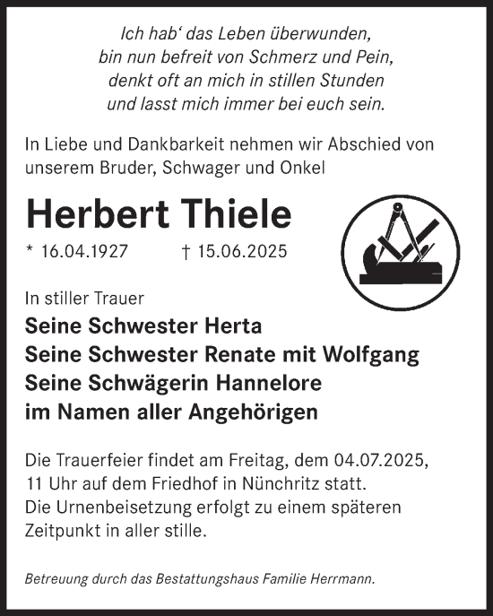 Traueranzeige von Herbert Thiele von WochenKurier