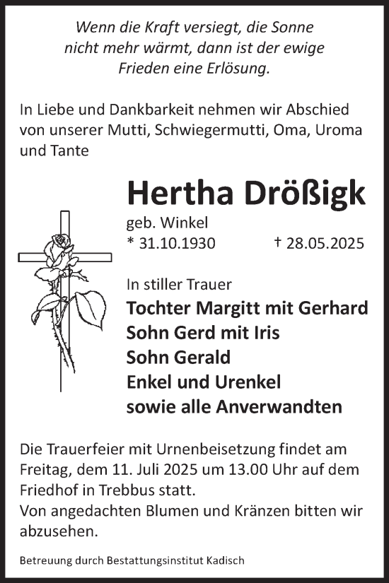 Traueranzeige von Hertha Drößigk von WochenKurier