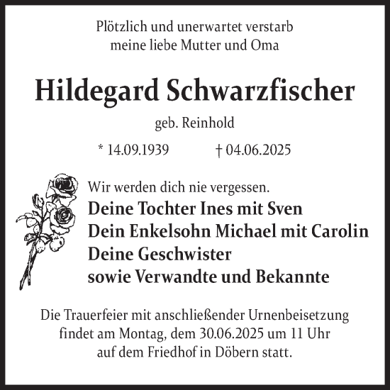 Traueranzeige von Hildegard Schwarzfischer von WochenKurier