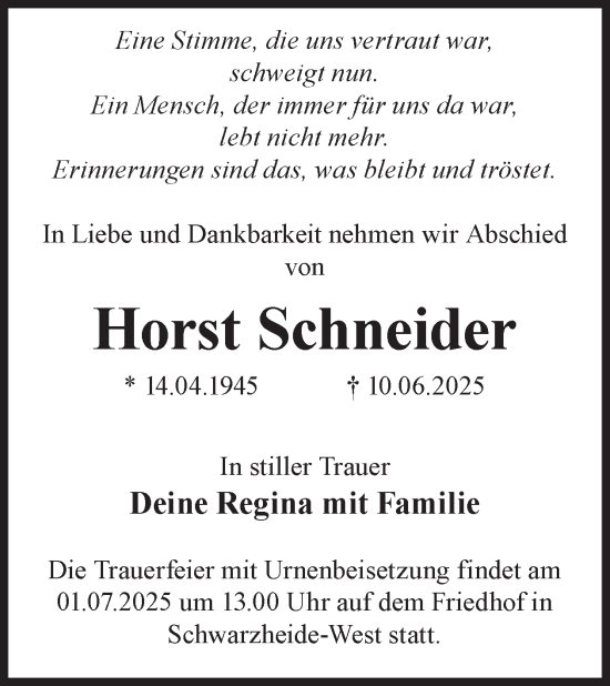 Traueranzeige von Horst Schneider von WochenKurier