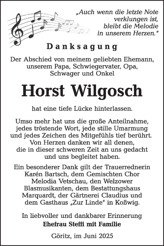 Traueranzeige von Horst Wilgosch von WochenKurier