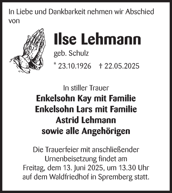 Traueranzeige von Ilse Lehmann von WochenKurier
