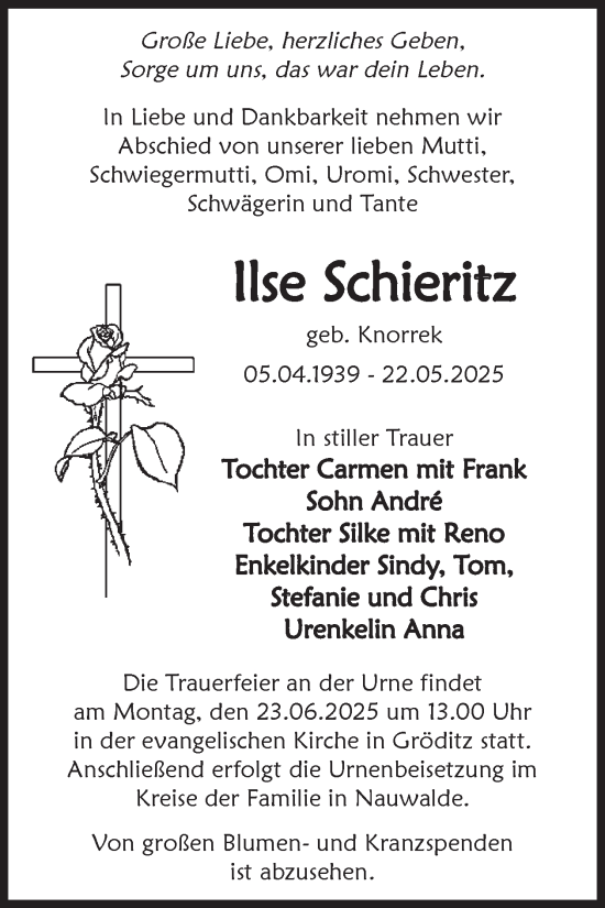 Traueranzeige von Ilse Schieritz von WochenKurier