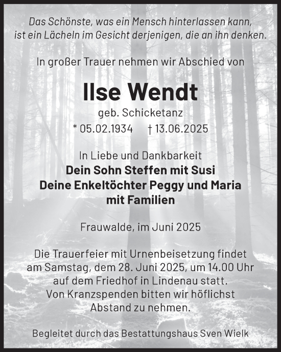 Traueranzeige von Ilse Wendt von WochenKurier