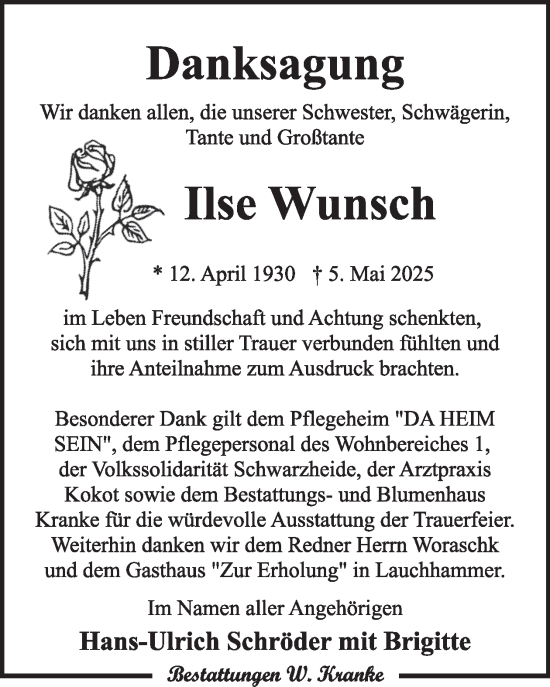Traueranzeige von Ilse Wunsch von WochenKurier