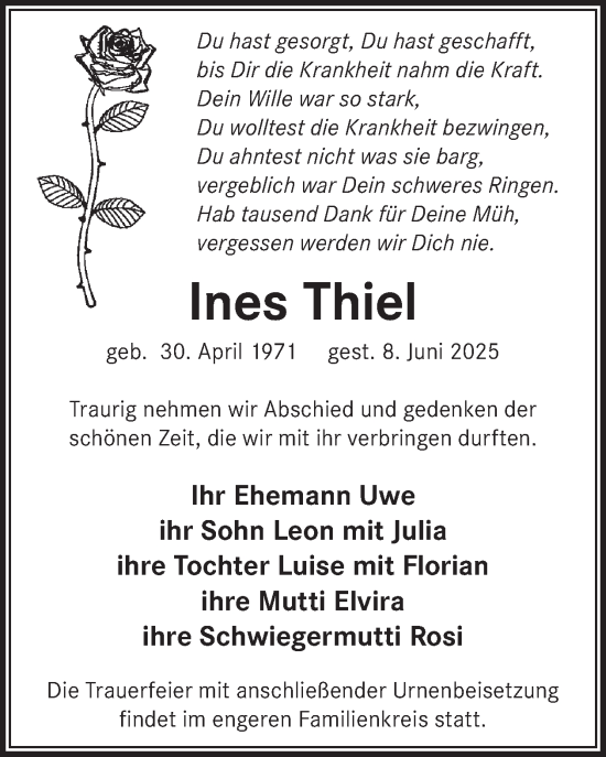 Traueranzeige von Ines Thiel von WochenKurier