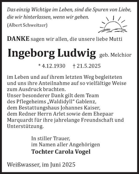 Traueranzeige von Ingeborg Ludwig von WochenKurier