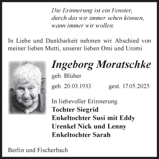 Traueranzeige von Ingeborg Moratschke von WochenKurier