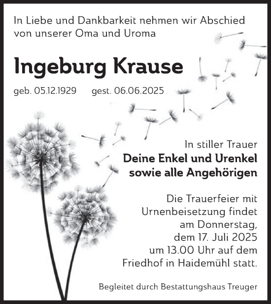 Traueranzeige von Ingeburg Krause von WochenKurier