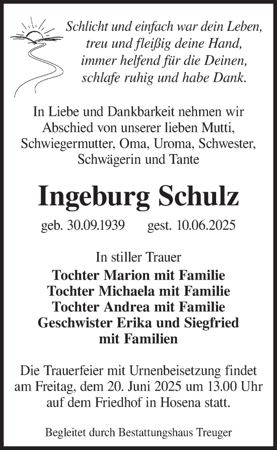 Traueranzeige von Ingeburg Schulz von WochenKurier