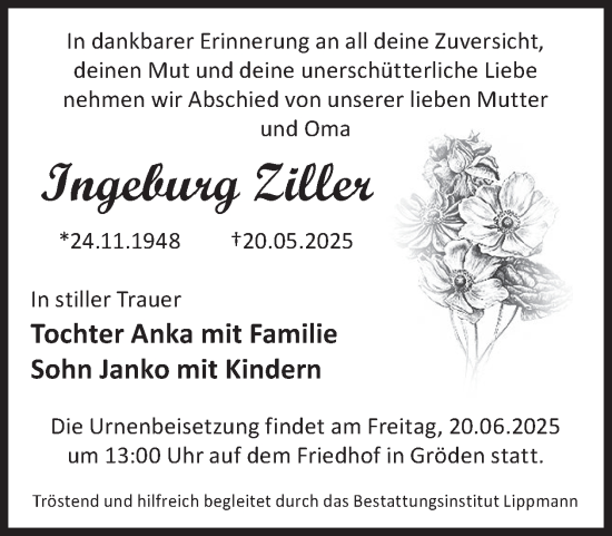 Traueranzeige von Ingeburg Ziller von WochenKurier