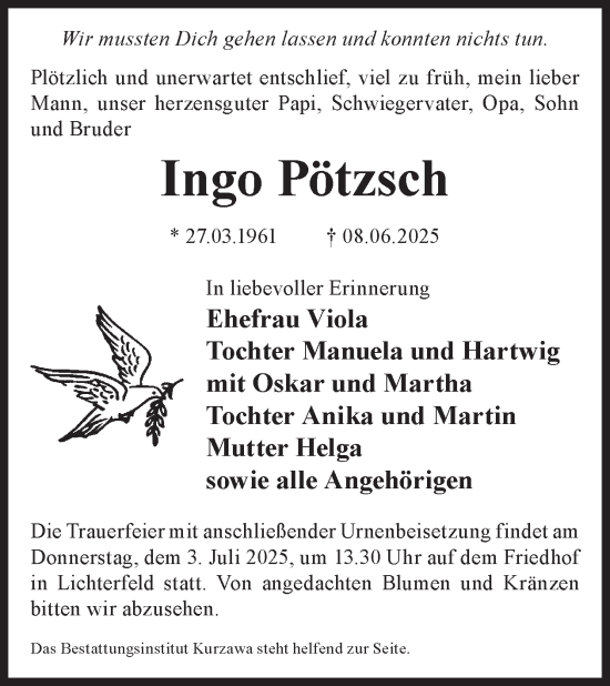 Traueranzeige von Ingo Pötzsch von WochenKurier