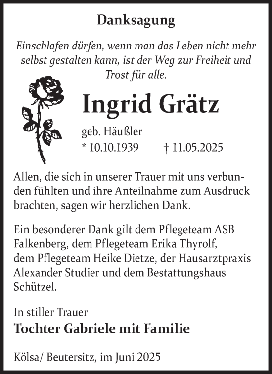 Traueranzeige von Ingrid Grätz von WochenKurier