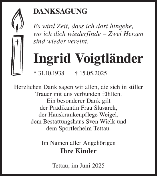 Traueranzeige von Ingrid Voigtländer von WochenKurier