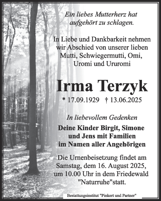 Traueranzeige von Irma Terzyk von WochenKurier