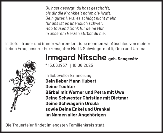 Traueranzeige von Irmgard Nitsche von WochenKurier
