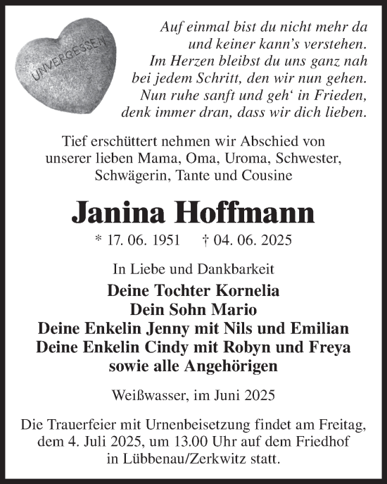 Traueranzeige von Janina Hoffmann von WochenKurier