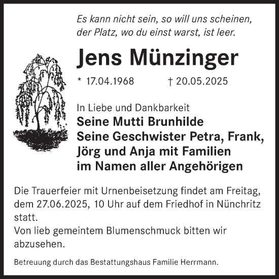 Traueranzeige von Jens Münzinger von WochenKurier