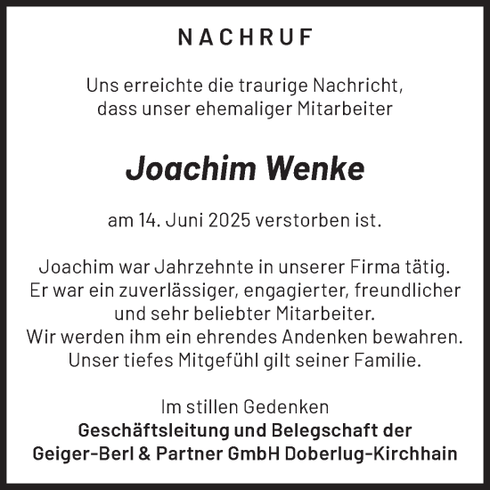 Traueranzeige von Joachim Wenke von WochenKurier