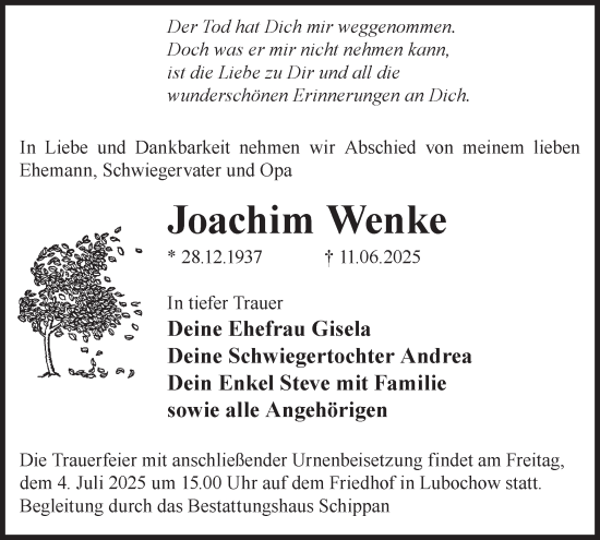 Traueranzeige von Joachim Wenke von WochenKurier